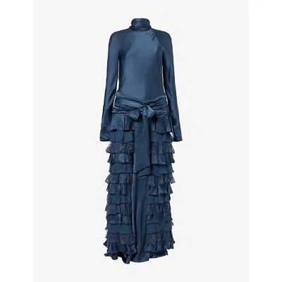 Zimmermann Womens Teal Valiant Ruffle Silk Maxi Dress Xs In Blue