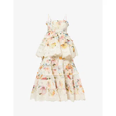 Zimmermann Womens White Poppy Alchemy Tiered Linen-and-silk Midi Dress In Neutral