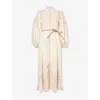 Zimmermann Beige Long Dress With High Neck And All-over Embroidery In Linen Woman In Cream