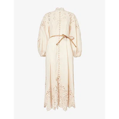Zimmermann Womens Cream Wylie Embroidered Billow Linen Midi Dress Xs