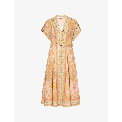 ZIMMERMANN WOMENS PINK MULTI ACACIA SLEEVELESS LINEN MIDI DRESS XL
