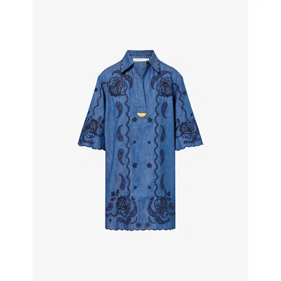 Zimmermann Womens Railway Blue Aster Embroidered Denim Mini Dress Xl