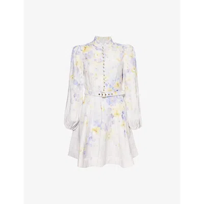 ZIMMERMANN WOMENS LILAC FLORAL CRUSH FLORAL-PATTERN BUTTONED LINEN MINI DRESS XXS