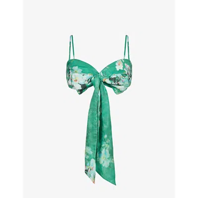 Zimmermann Womens Everley Bow Floral-pattern Linen Bralette Green Watercolour Floral