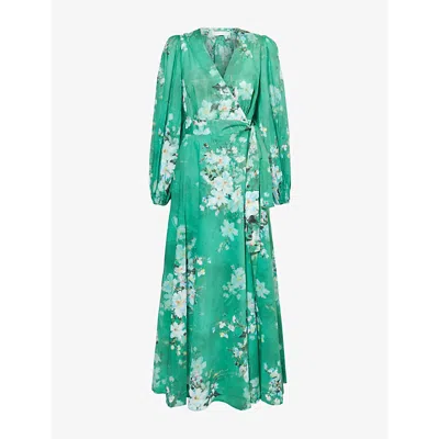 ZIMMERMANN WOMENS GREEN WATERCOLOUR FLORAL EVERLEY FLORAL-PATTERN WRAP-FRONT COTTON MIDI DRESS XXS