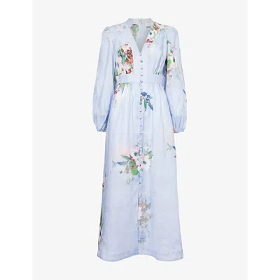 ZIMMERMANN WOMENS LIGHT BLUE FLORAL EVERLEY FLORAL-PRINT LINEN MIDI DRESS XS