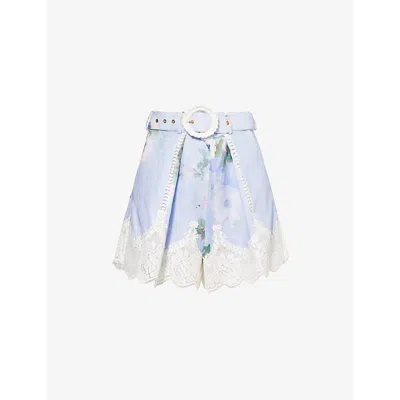 Zimmermann Womens Light Blue Floral Everley Tuck Floral-pattern Linen Shorts In Light Blue Watercolour Floral