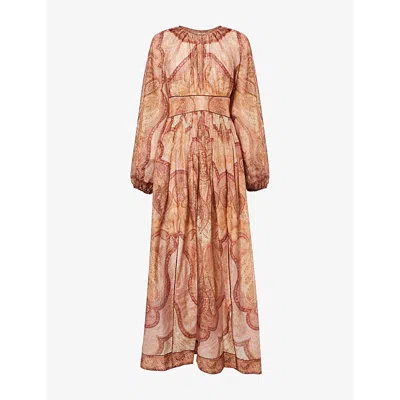 Zimmermann Womens  Floral Metallic-thread Long-sleeve Woven Midi Dress In Brown