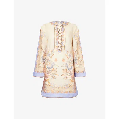 ZIMMERMANN WOMENS BISCUIT SCARF FLORAL INDRA FLORAL-PRINT LINEN TUNIC MINI DRESS XXS