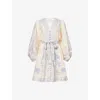 Zimmermann Womens Indra Plunge Linen Mini Dress Cream Lilac Floral In Multi