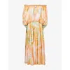 Zimmermann Luna Twist Off-the-shoulder Cutout Gathered Printed Silk-satin Maxi Dress In Gray