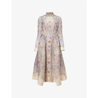 Zimmermann Womens Blue Floral Rebellion Beaded Linen And Silk Midi Dress Xs