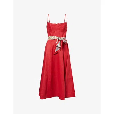 Zimmermann Womens Red Rebellion Tuck Shoulder-straps Linen Midi Dress Xs