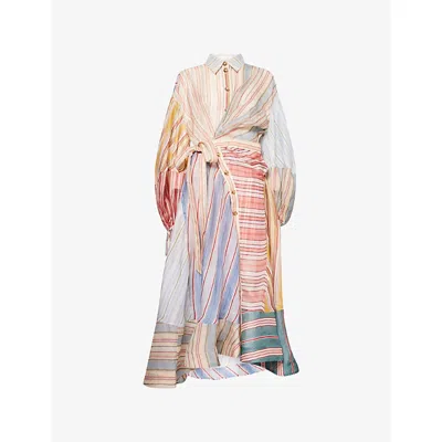 Zimmermann Womens Spliced Stripes Striped Wrap Linen-and-silk Midi Dress
