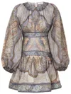Zimmermann Wanderlust Multicolor Crewneck Mini Dress With Puffed Long Sleeves And All-over Print In Cotton And  In Brown