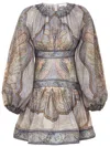 Zimmermann Wanderlust Multicolor Crewneck Mini Dress With Puffed Long Sleeves And All-over Print In Cotton And  In Multi