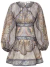 Zimmermann Wanderlust Multicolor Crewneck Mini Dress With Puffed Long Sleeves And All-over Print In Cotton And  In Blue