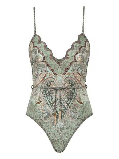 Zimmermann Wanderlust Belted Embellished Scalloped Printed Swimsuit In Green