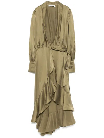 Zimmermann Wrap Silk Midi Dress In Green