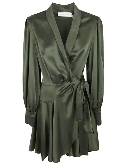 Zimmermann Wrap-style Mini Dress In Deep Olive Silk In Green
