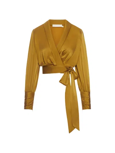 Zimmermann Wrap-design Cropped Silk Blouse In Yellow
