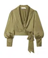 Zimmermann Zimmerman Pleated Washed Wrap Blouse In Beige Silk In Green