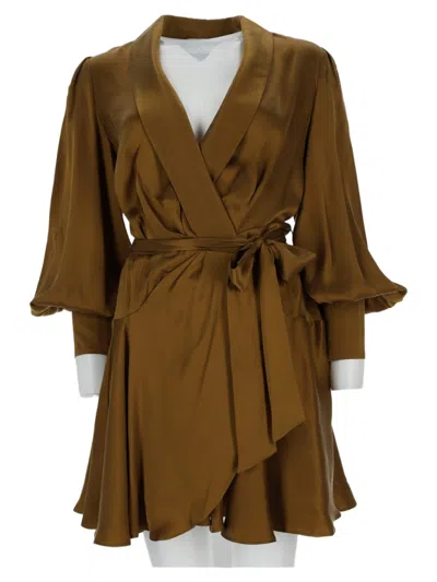 Zimmermann Wrap-style Mini Dress With Silk Texture And Flared Skirt In Gold