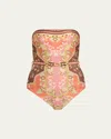 Zimmermann Wylie Belted Bandeau Printed Swimsuit In Rust Multi
