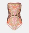 Zimmermann Wylie Belted Bandeau Printed Swimsuit In Rust Multi