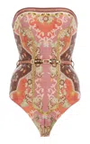 Zimmermann Wylie Belted Bandeau Printed Swimsuit In Orange