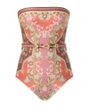 Zimmermann Wylie Belted Bandeau Printed Swimsuit In Nude