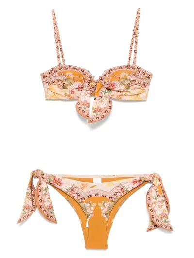 Zimmermann Wylie Scarf Tie Floral Print Bikini In Beige