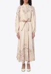 Zimmermann Beige Long Dress With High Neck And All-over Embroidery In Linen Woman In Beige