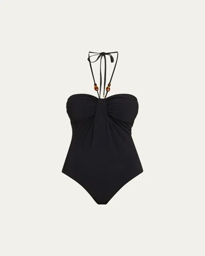 Zimmermann Wylie Drape Halter One-piece Swimsuit In Black