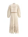 Zimmermann Beige Long Dress With High Neck And All-over Embroidery In Linen Woman