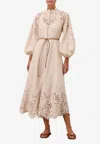 Zimmermann Beige Long Dress With High Neck And All-over Embroidery In Linen Woman In Cream