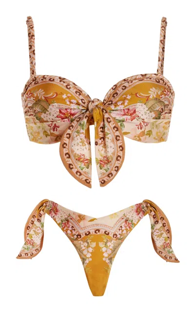 Zimmermann Wylie Scarf Tie Floral Print Bikini In Beige