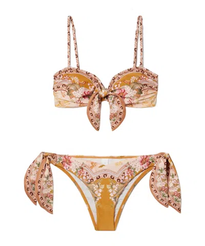 Zimmermann Wylie Lace-up Printed Bikini In Brown