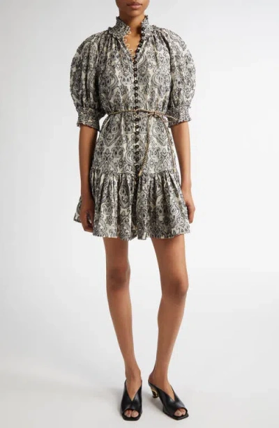 Zimmermann Wylie Belted Embroidered Cotton Mini Dress In Black  