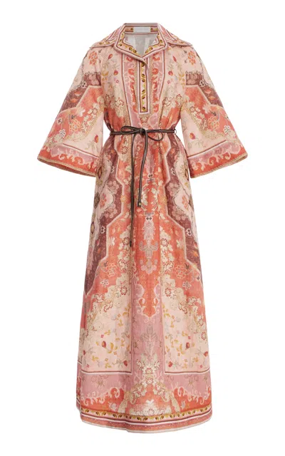 Zimmermann Wylie Belted Printed Linen Midi Dress In Rot