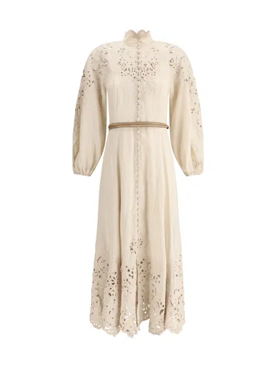 Zimmermann Beige Long Dress With High Neck And All-over Embroidery
