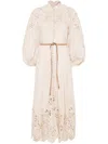 Zimmermann Beige Long Dress With High Neck And All-over Embroidery In Linen Woman In Neutrals