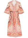 Zimmermann Wylie Belted Printed Linen Midi Dress In Red