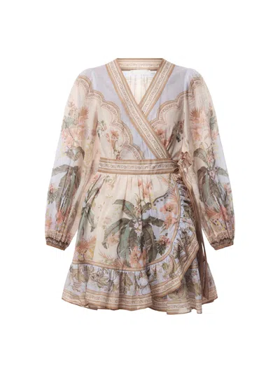 Zimmermann Wylie Mini Wrap Frill Dress In Blue Floral