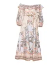 Zimmermann Wylie Off-the-shoulder Belted Floral-print Linen Midi Dress In Multicolour