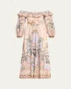 Zimmermann Wylie Off-the-shoulder Belted Floral-print Linen Midi Dress In Blue Floral