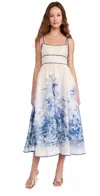 Zimmermann Wylie Shirred Printed Linen Midi Dress In Blue Palm