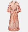 Zimmermann Wylie Belted Printed Linen Midi Dress In Rot