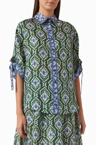 Zimmermann Wylie Relaxed Short Sleeve Shirt In Green/blue Ikat In Multi