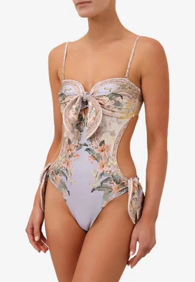 Zimmermann Wylie Scarf Tie One-piece Floral Swimsuit In Blue